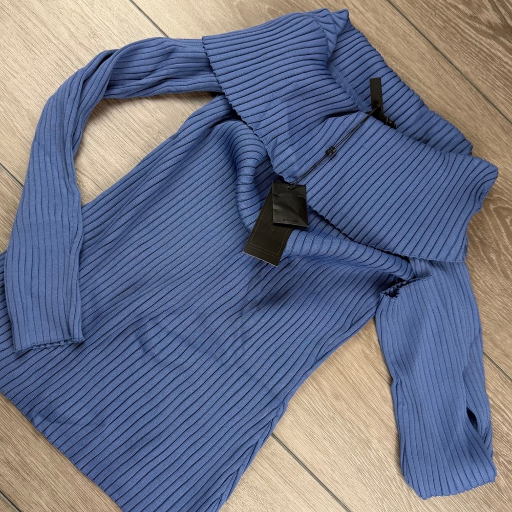 BCBGMAXAZRIA Womens RISA Ribbed Off Shoulder Top Chambray Blue Large